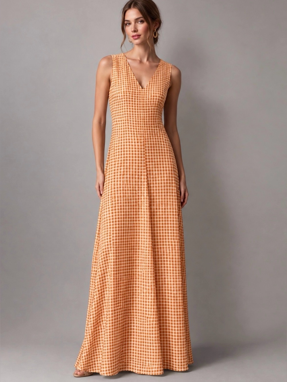 Club Monaco Orange Gingham V-Neck A-Line Maxi Dress Size 8 - Picture 6 of 13